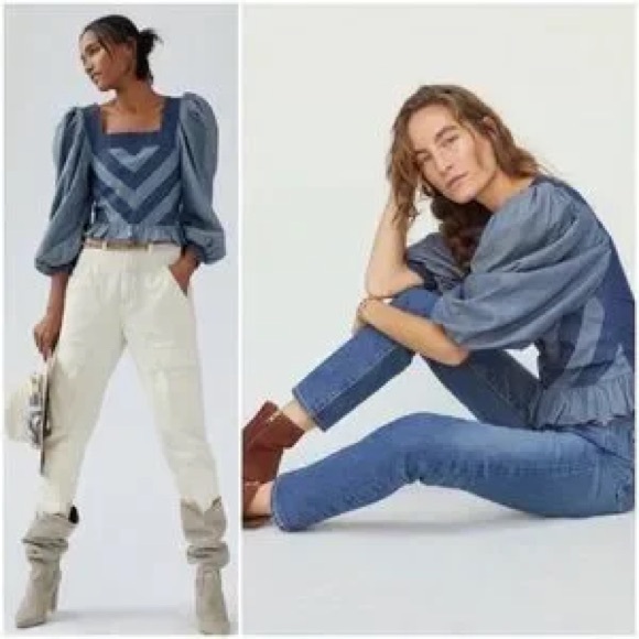 HP 🎉 Love The Label Anthropologie Smocked Puff Sleeve XXS P Blue Chevron Denim - Picture 4 of 10